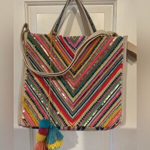 America & Beyond Chevron Boho Multicolor Pom-Pom Embroidered Crossbody Tote Bag